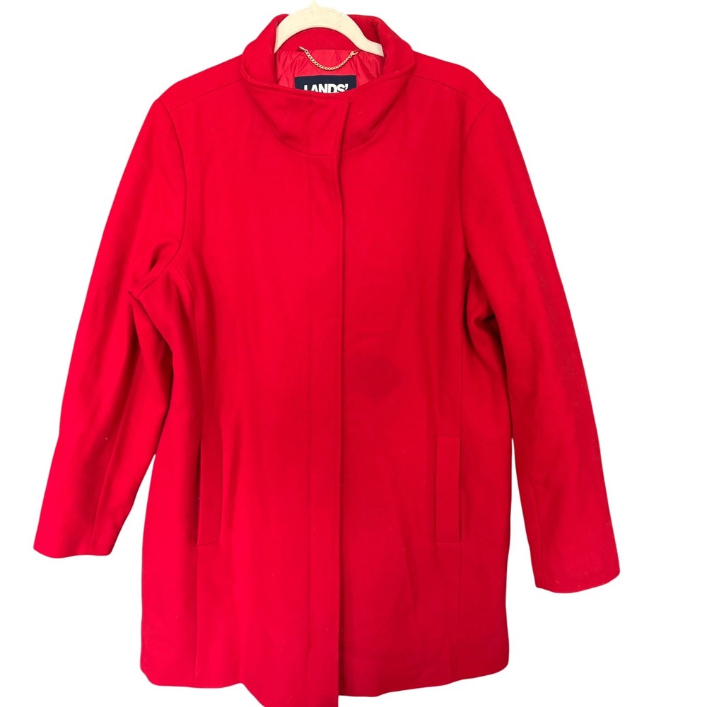 $220 LANDS END Red Wool Blend Coat Stand Collar Quilted Lined Pockets Sz 18 READ
